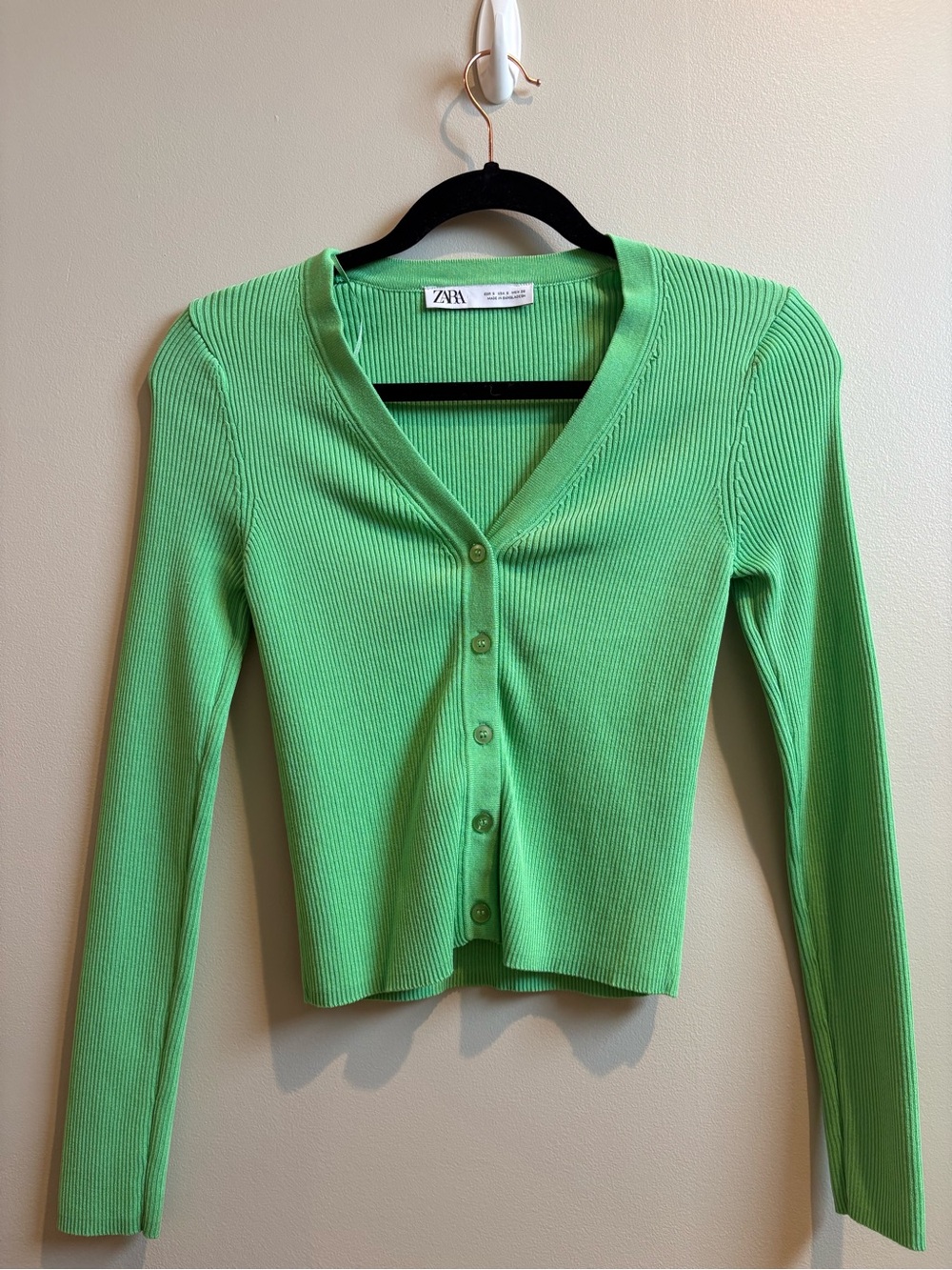 ZARA Lime Green Ribbed V-Neck Button Cardigan